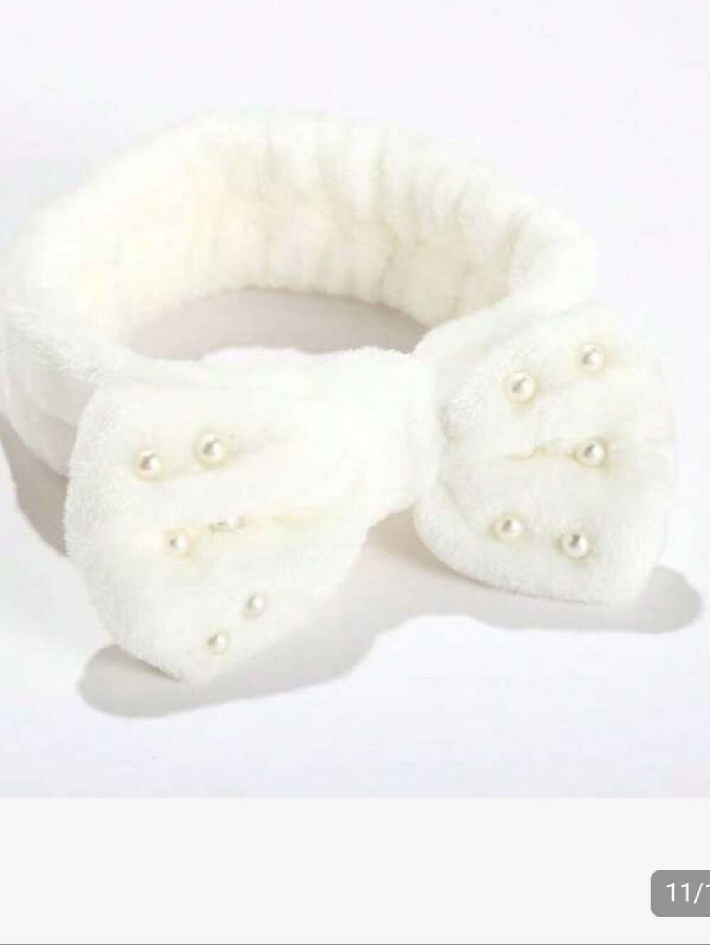 Cream Plush Bow Headband with Pearl Studs
